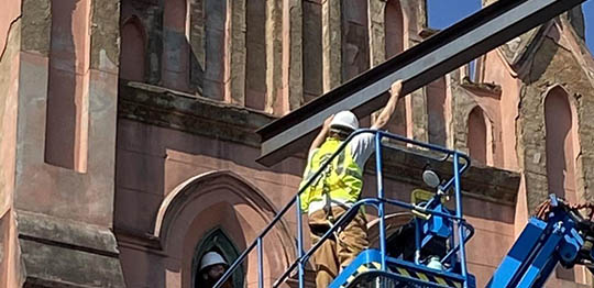 Abbeville SC historic Trinity Episcopal stabilizing and restoring church steeple with funds from National Fund for Sacred Places