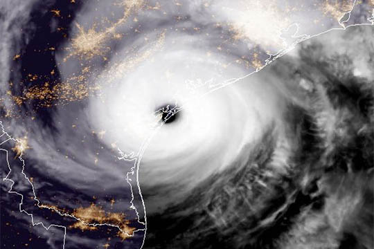 A satellite image of Hurricane Harvey making landfall on the Texas coast on August 25, 2017.